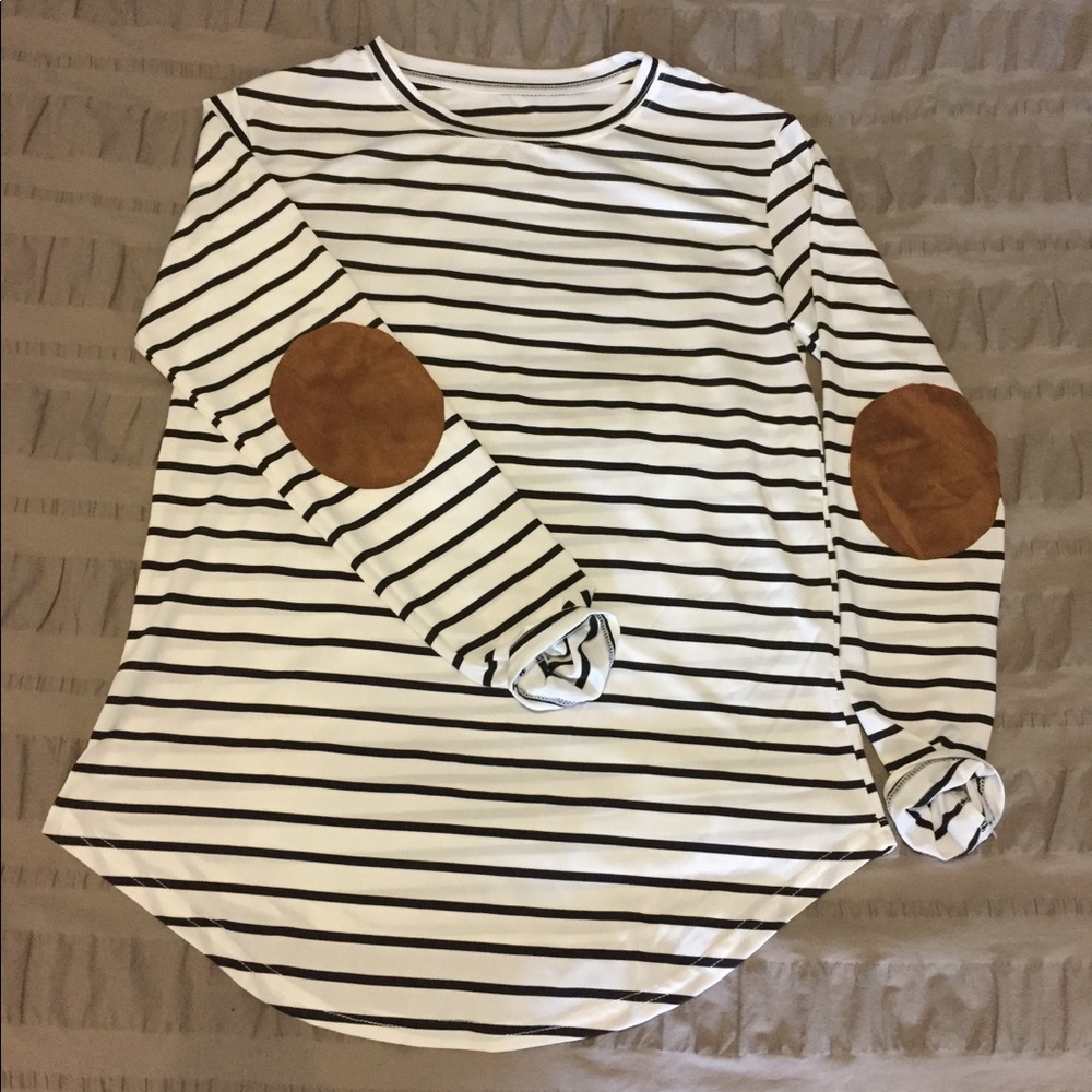 Long sleeve white/black striped w/elbow patches.